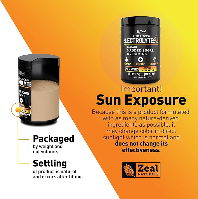 Zeal Electrolyte Powder - 90 Servings | Keto Electrolytes Powder | Zero Sugar, BCAAs, B-Vitamins | Potassium, Zinc, Magnesium | Hydration Powder Recovery Drink | Orange Pineapple