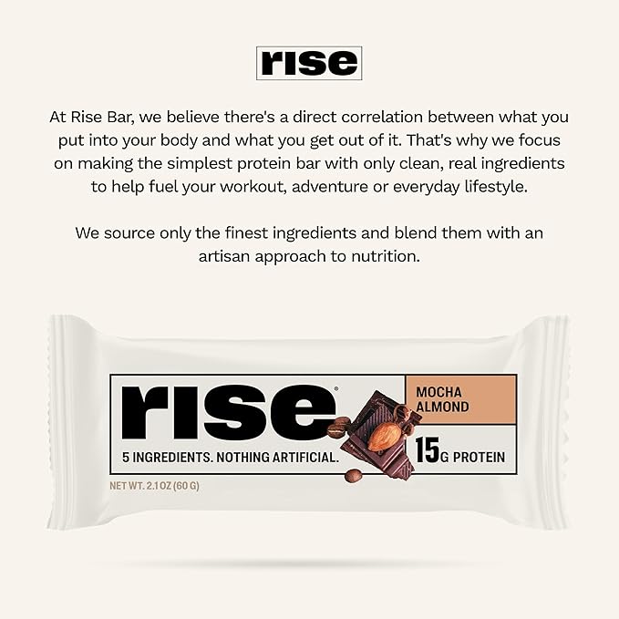 Rise Whey Protein Bars - Mocha Almond | Breakfast Bar & Protein Snack 15g Protein 4g Fiber Just 5 Whole Food Ingredients Gluten-Free Soy Free