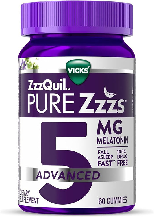 ZzzQuil Pure Zzzs Melatonin Gummies, Melatonin 5mg, Sleep Aid, with Chamomile & Lavender, Melatonin Sleep Gummies, Sleep Aids for Adults, Berry Flavored, 60 Sleep Gummies