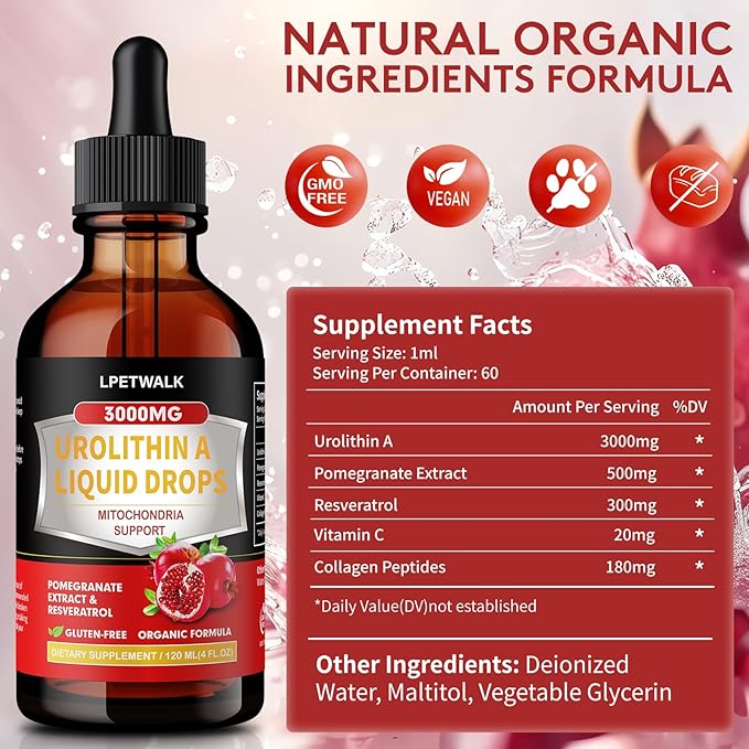 4 Fl Oz Urolithin A Liquid Drops with Pomegranate Extract - Urolithin a Supplement - Big Capacity (120ml)