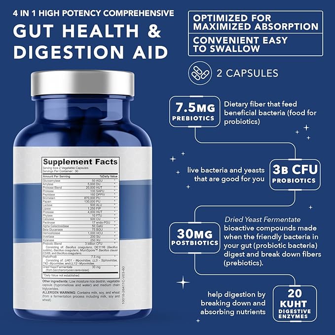 4-in-1 Prebiotic Probiotic & Postbiotic for Women & Men, Complete Gut & Digestive Support Supplement, Pre Post Probiotics & Digestive Enzymes 60 Capsules