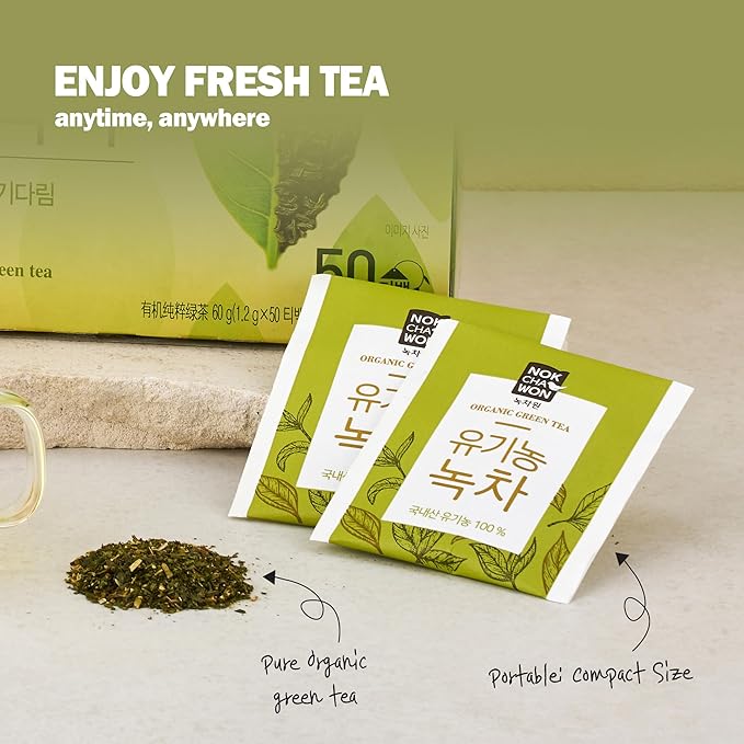 [Nokchawon] Organic Pure Green Tea 50 Tea Bags - Specially Roasted Korean Organic Green Tea, Delicate Flavor & Aroma