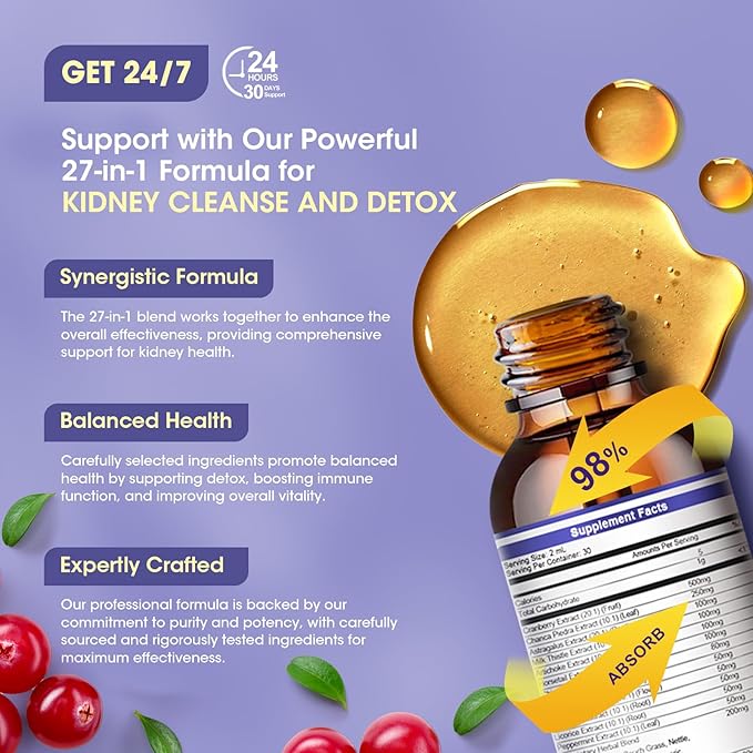 GREENPEOPLE Kidney Cleanse Detox & Repair - 27-In-1 Kidney & Liver Drops with 20:1 Cranberry Extract & Chanca Piedra, Alcohol-Free Supplement for Urinary Tract & Liver Support (2 Oz 2 Pack, Blueberry)