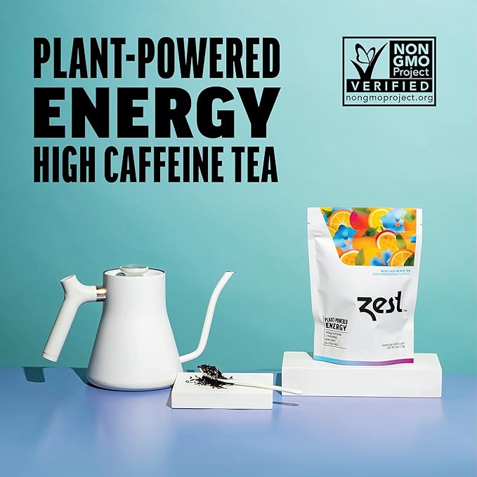 Zest 150mg High Caffeine Energy Loose Leaf Blend - Blue Lady Black Tea - 4 Oz - Hot or Iced - All Natural Strong Flavored Healthy Coffee Alternative Highly Caffeinated Substitute - Perfect for Keto