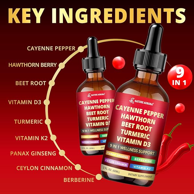 9 in1 Cayenne Pepper Liquid Drops - Cayenne Pepper Extract Drops Supplement Liquid + Hawthorn Berry, Beetroot, Turmeric, Vitamin K2 & D3 - Digestion, Immune and Circulation Support - 2 Fl Oz