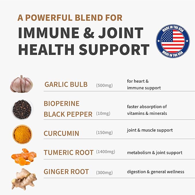 4-in-1 Turmeric and Garlic Supplements with Bioperine 2360 mg Turmeric Ginger Root Capsules with Garlic for Joint, Digestion & Immune Support (120 ct)