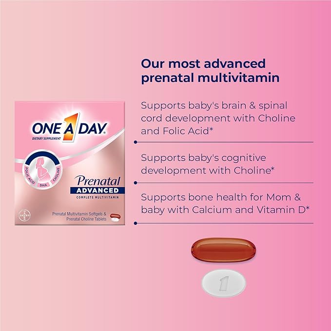 One A Day Womens Prenatal Advanced Complete Multivitamin with Brain Support* with Choline, Folic Acid, Omega-3 DHA & Iron for Pre, During and Post Pregnancy, 30+30 Count (60 Total Set)