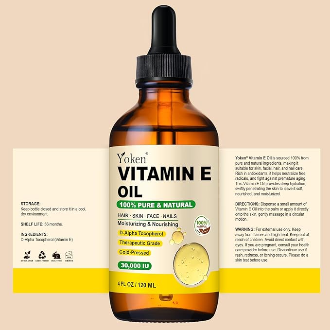 Yoken Vitamin E Oil 4 Fl Oz Organic Vitamin E oil for Skin 30,000 IU Vitamine oils for Scars Hair, Face, Nail, Scalp Perfect Bath and Body Oil, Cold Pressed Hexane Free Non-GMO Gluten Free Formula