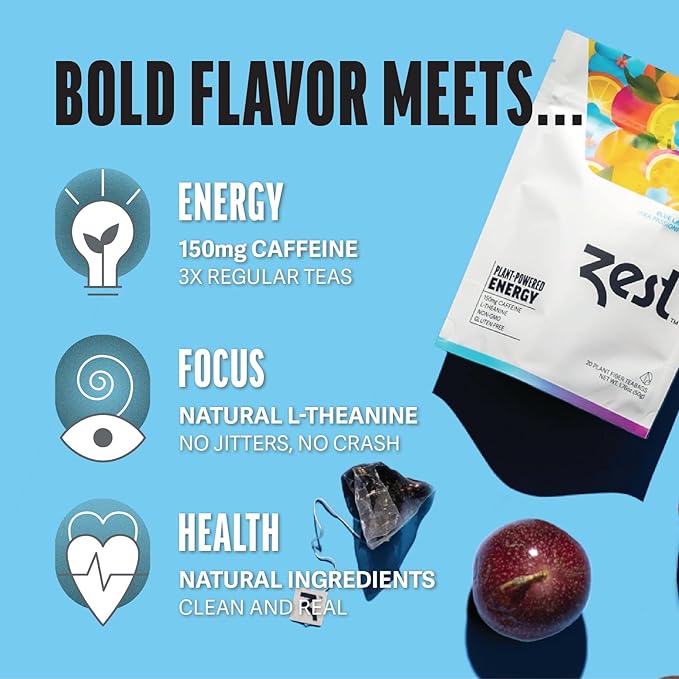 Zest Energy Tea - Blue Lady - High Caffeine Passion Fruit Black Tea Bags - Caffeinated Coffee Altnernative/Substitute - Natural, Non-GMO & Keto Friendly - Hot or Iced - 20Ct Pack - 150mg Caf