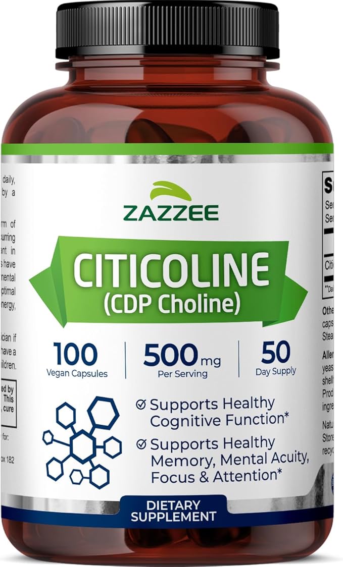 Zazzee Extra Strength Citicoline, 500 mg per Serving, 100 Vegan Capsules, Superior CDP Choline Form, 100% Vegetarian and Pharmaceutical Grade, 50-Day Supply, All-Natural and Non-GMO
