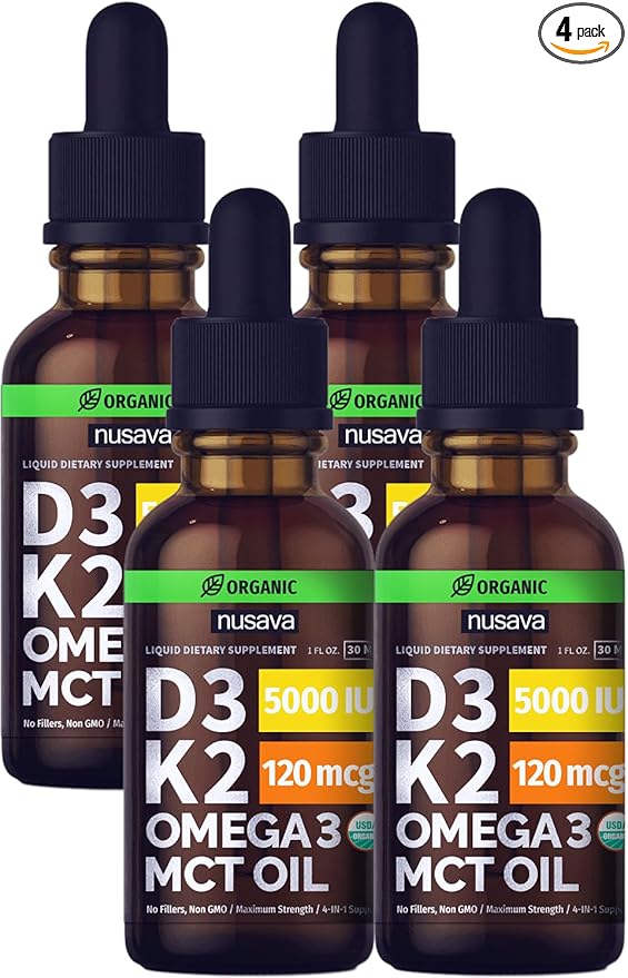 (4 Pack) Organic Vitamin D3 K2 Drops with MCT Oil Omega 3, 5000 IU - Maximum Strength Vitamin D Liquid, No Fillers, Non-GMO Liquid D3 for Faster Absorption and Immune Support, Unflavored, 4 Fl Oz