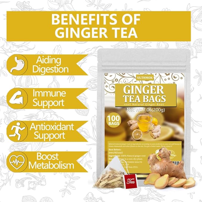 100 Premium Ginger Tea Bags/7.06 Oz, Made with 100% High-Spiciness Ginger Root, Full of Flavor & Spicy, Support Digestion & Boost Immunity, No Additives & Caffeine Free.