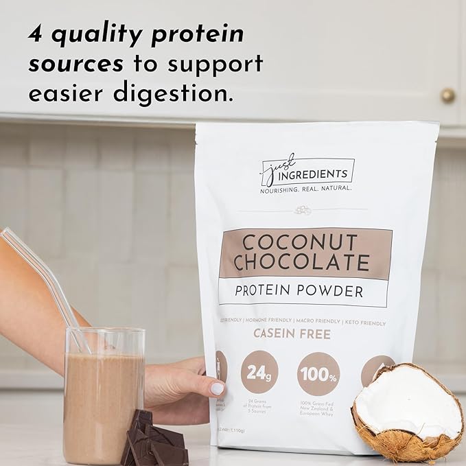 JUST INGREDIENTS Coconut Chocolate Protein Powder – 30-Serving Blend with 100% Grass-Fed Whey & Organic Plant Proteins – Creamy Coconut Cocoa Flavor – Supports Muscle Recovery, Energy*