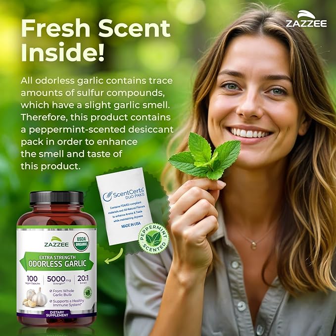 Zazzee USDA Organic Odorless Garlic 20:1 Extract, 5000 mg Strength, 100 Vegan Capsules, 3+ Month Supply, Standardized, Concentrated 20X Extract, 100% Vegetarian, All-Natural, Non-GMO, Made in The USA