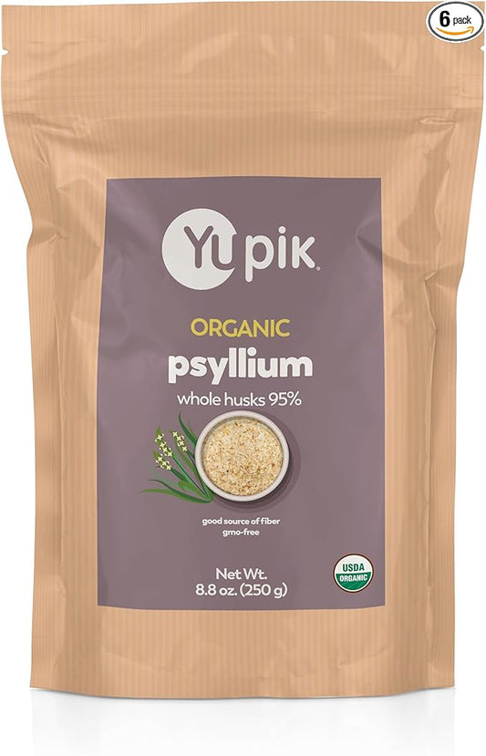 Yupik Organic Whole Husk Psyllium, 8.8 oz (Pack of 6), 95% Pure, USDA Organic, Non-GMO, Kosher, Gluten-Free, Sugar-Free, Fat-Free, Unflavored, High-Fiber Plant-Based Superfood for Oatmeal & Cereal