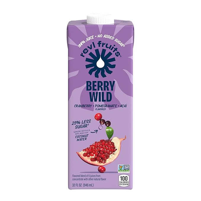 Revl Fruits 100% Juice, No Added Sugar, Cranberry Pomegranate Açai, Berry Wild, 32 fl oz. Carton