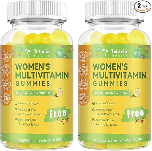 (2 Packs) Sugar Free Multivitamin Gummies for Women 14+ w/Iron, Inositol, Folate, Biotin, Womens Daily Multivitamin Gummy w/Vitamin A, D, C, B, Support Hair, Skin, Energy, Immune, Lemon Flavor