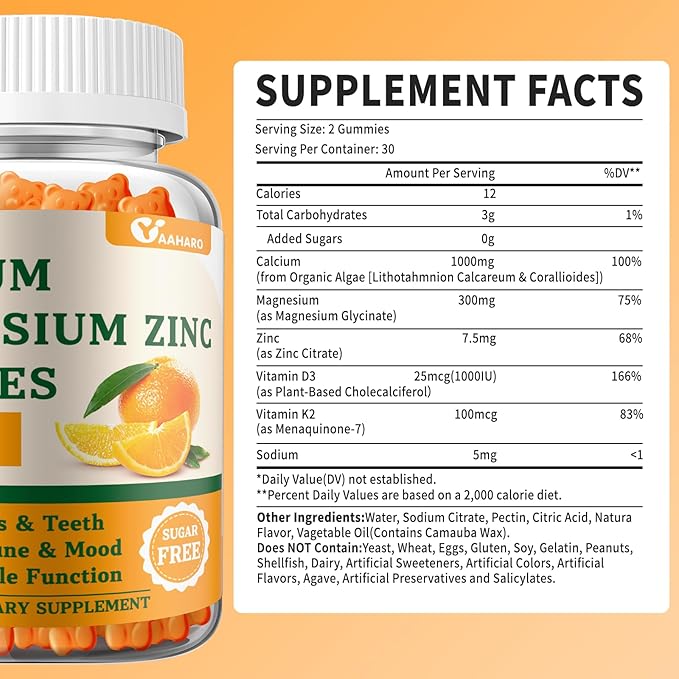 (2 Pack) Calcium Magnesium Zinc Gummies with Vitamin D3 & K2 - Sugar Free Calcium Gummies for Women and Men - Bone & Immune Support - Non-GMO, Gluten-Free, Orange Flavored - 120 Count