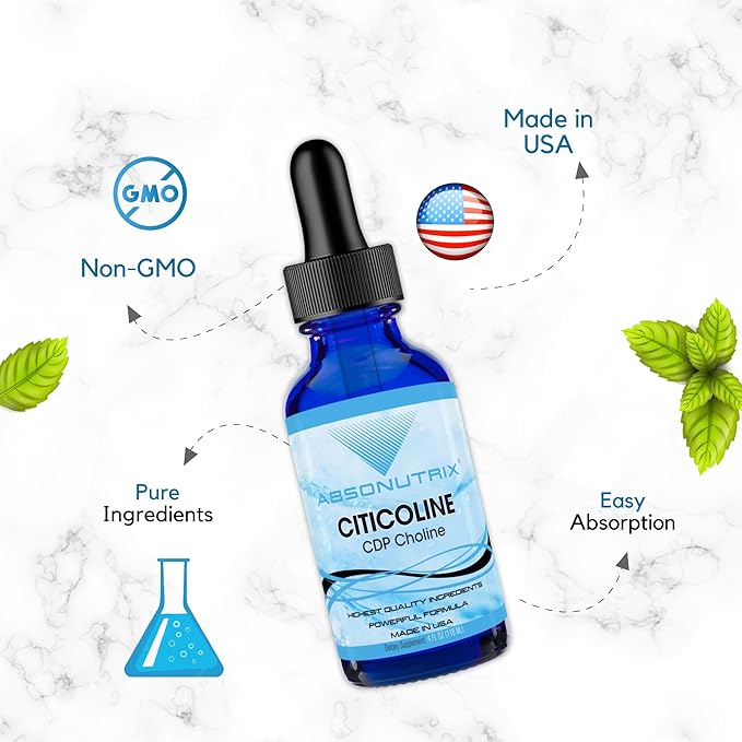 Absonutrix Citicoline 590 mg, 4 Oz Bottle, 200 Servings, Made in USA, Quick Absorption, Quality Potent Ingredients, Non-GMO, GMP Certified, Cruelty-Free Products