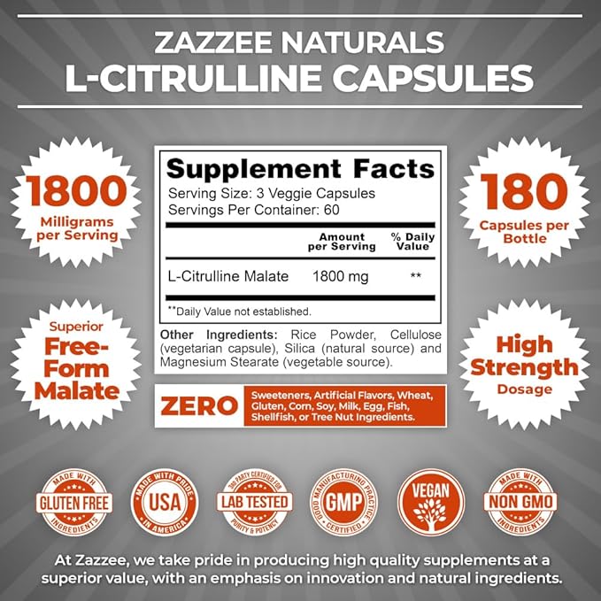 Zazzee High Strength L-Citrulline Malate, 1800 mg per Serving, 180 Vegan Capsules, 60 Day Supply, High Absorption with Superior Free-Form Malate, 100% Vegetarian, All-Natural and Non-GMO