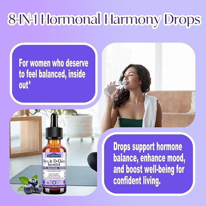 2 Pack Myo-Inositol & D-Chiro Inositol Supplement for Women Drops, Ideal 40:1 Ratio w. Organic Chaste Tree Berry, Ceylon Cinnamon Support Hormonal Balance & Ovarian, Cycle Regulation, Mood, Nerve