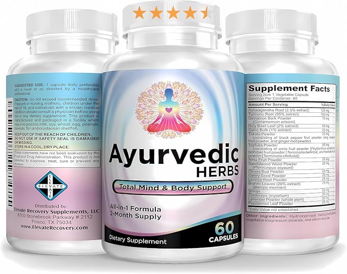 Ayurvedic Herbs 2-Month Supply (All-in-1) Supplement Blend | Ayurveda Mind Body Spirit Herbal Complex with 17 Active Ingredients | Ayurvedic Supplements | 60 Capsules