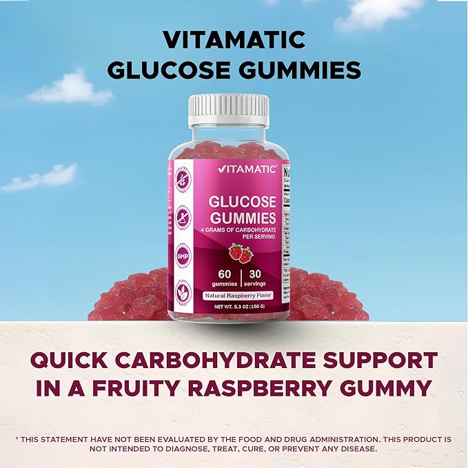 Vitamatic Glucose chewable Gummies - 60 Count - Natural Raspberry Flavor - 4G of Carbohydrate per Serving (1 Bottle)
