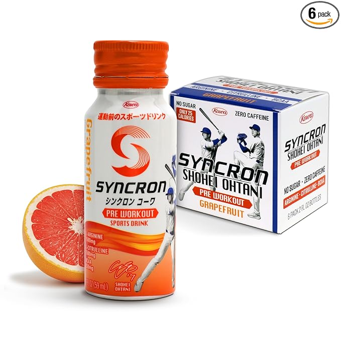 Syncron Pre Workout Sports Drink Endorsed by Shohei Ohtani, Aluminum Bottled, Sugar Free Pre Workout Drink with L Arginine, L Citrulline & BCAAs, Pre Workout Energy Shot, Grapefruit, 6 Pack, 2 oz