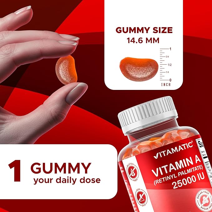 Vitamatic Sugar Free Vitamin A 25000 IU Gummies (Retinyl Palmitate) - Natural Strawberry Flavor - 120 Pectin Based Gummies (1 Bottle)