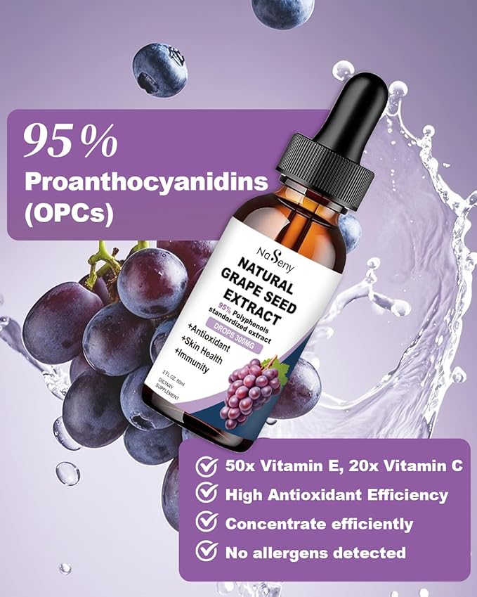 Natural Grape Seed Extract Drops-300 mg Grape Seed Extract Liquid Supplement - Maximum Strength Vitis Vinifera Seed Tincture, Standardized to 95% Polyphenols, Non-GMO, Gluten Free (60ml)