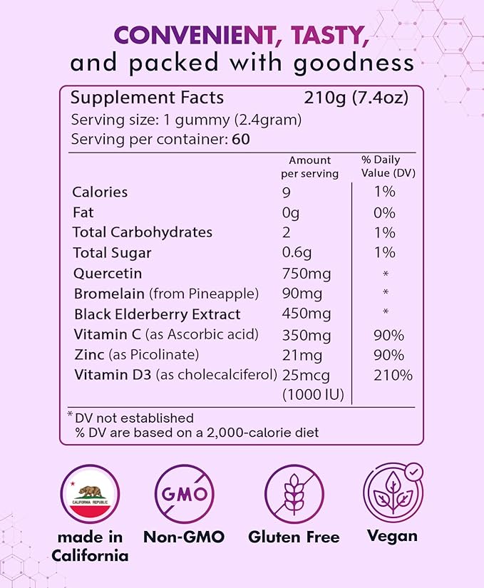 (3 Pack) Quercetin Gummies by BioVitalica - Quercetin with Bromelain Vitamin C and Zinc & Elderberry + Vitamin D3-5 in 1 Immune Support - Zinc Quercetin 750 mg for Kids and Adults