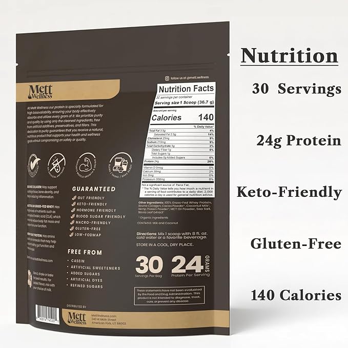 Dark Chocolate Grass-Fed Whey + Hemp Heart Protein Powder with Bovine Collagen | 24g Protein per Serving | Supports Digestion & Daily Wellness | 2.4 lbs (30 Servings)