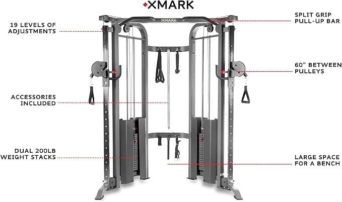 XMARK Functional Trainer with Dual Weight Stacks, All-in-One Cable Machine & Crossover for Full Body Strength Training at Home or Garage Gym