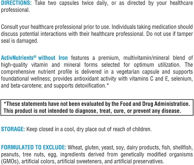 XYMOGEN ActivNutrients Without Iron - Multivitamin Multimineral for Wellness, Immune, Energy and Mood Support - Chelated Minerals + Active B Vitamins with Folate (240 Capsules)