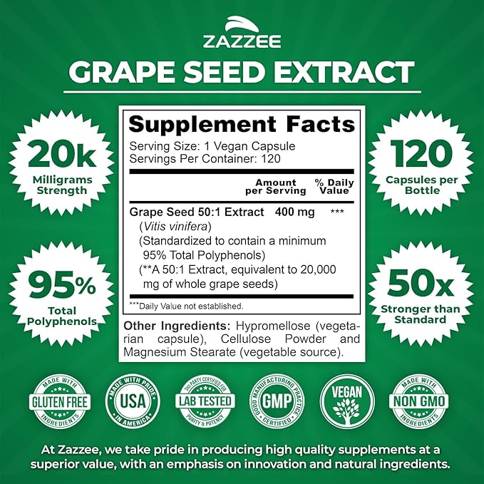 Zazzee High Strength Grape Seed 50:1 Extract, 120 Vegan Capsules, 95% Polyphenols, 400 mg per Capsule, 4 Month Supply, Standardized and Concentrated 50X Extract, Non-GMO, Made in The USA