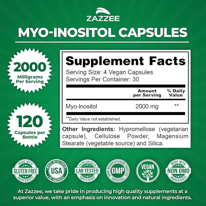 Zazzee Myo-Inositol Capsules, 2000 mg per Serving, 120 Vegan Capsules, Ideal Dosage for 40:1 Ratio, 100% Vegetarian, Hormone Balance & Healthy Ovarian Function Support, All-Natural and Non-GMO