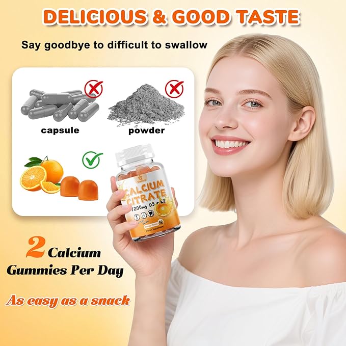 (2 Pack) Calcium Citrate Gummies,Calcium 1200 mg with Vitamin D3 and K2 for Women & Men.Supports Bone Muscle & Teeth - Natural Orange Flavor,120 Gummies- 60 Day Vegan Supply