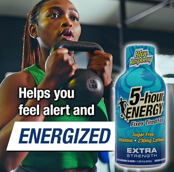5-hour ENERGY Shots Extra Strength, Blue Raspberry Flavor, 30 Count, 1.93 Fl Oz, Sugar Free, Zero Calories, Amino Acids and Essential B Vitamins, Dietary Supplement, Feel Alert and Energized, 230 mg Caffeine