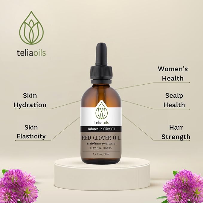 Teliaoils Red Clover Extract Infused in Olive Oil – Macerated Herbal Oil for Skin Elasticity, Anti-Aging Hair Health Women’s Wellness – 1.7 Oz (50ml)
