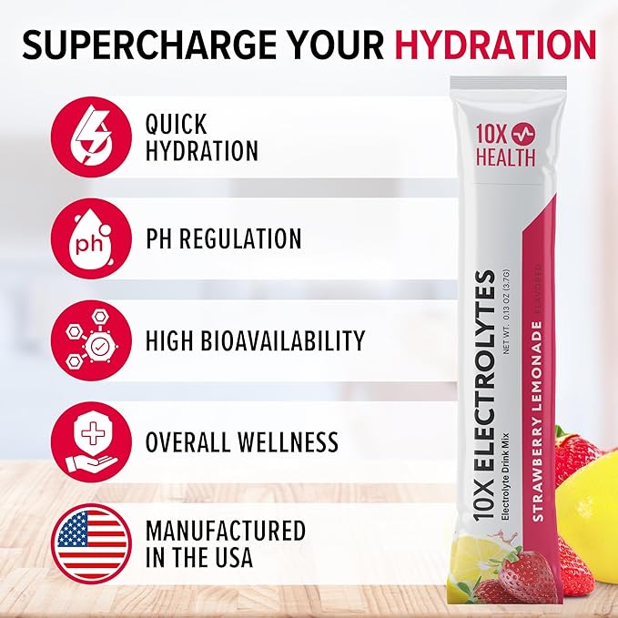 10X Health Electrolytes Powder Drink Mix Strawberry Lemonade w/Potassium, Magnesium & Mediterranean Sea Salt - Sugar-Free Electrolytes Powder - Non-GMO Electrolyte Packets - 30 Stickpacks