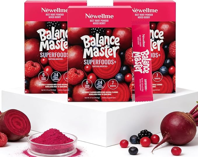 NEWELLME Organic Super Reds Beetroot Powder, Nitric Oxide & Blood Pressure Support, Heart & Circulation, Steady Energy, Sugar Free, Non-GMO, Grape Seed Polyphenols, 42 Sachets, Berry Flavor