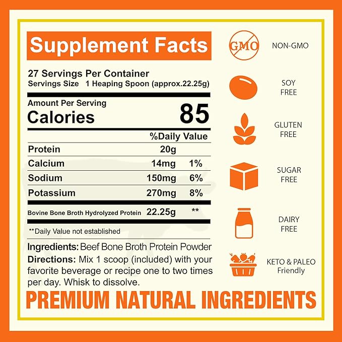 Zammex Pure Grass Fed Beef Bone Broth Protein Powder,20g Protein, Hydrolyzed Collagen Supplement for Healthy Skin,Nails,Hair,Joints, Non-GMO,Gluten Free,Paleo & Keto Friendly, Great in Soup