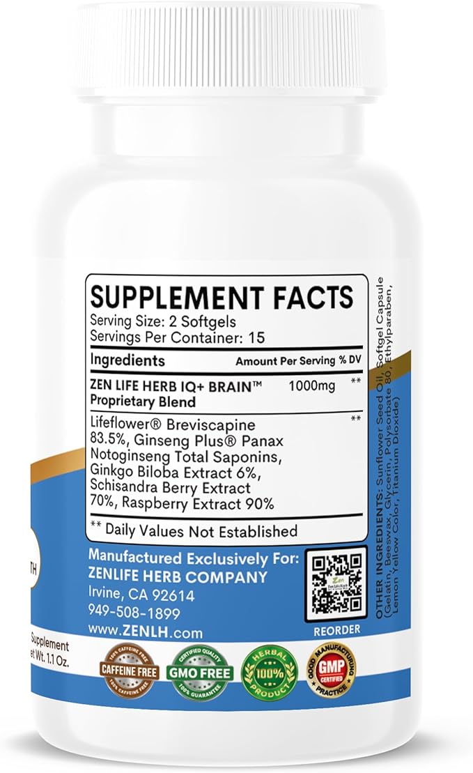 ZEN LIFE HERB IQ+ Brain - Caffeine-Free, Clinically Tested Focus, Concentration, Memory & Energy, Natural Plant-Based Herbal Supplement, No Added Vitamins/Minerals/Mushroom/Sugar (30 Softgels)