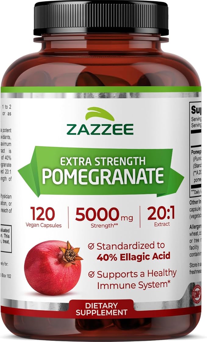 Zazzee Extra Strength Pomegranate 20:1 Extract, 5000 mg Strength, 40% Ellagic Acid, 120 Vegan Capsules, 4 Month Supply, Standardized, Concentrated 20X Extract, 100% Vegetarian, All-Natural and Non-GMO
