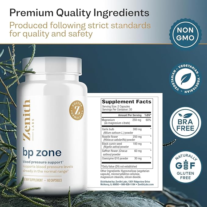 Zenith Labs BP Zone - Natural Blood Flow Supplement - Herbal Extract Pills - Advanced Formula with Saffron Crocus, Hibiscus, Garlic, CoQ10, and Magnesium