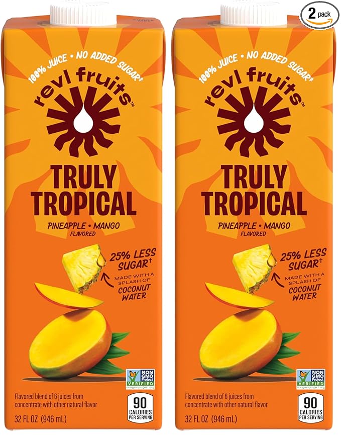 Revl Fruits 100% Juice, No Added Sugar, Pineapple Mango, Truly Tropical, 32 fl oz. Carton (Pack of 2)