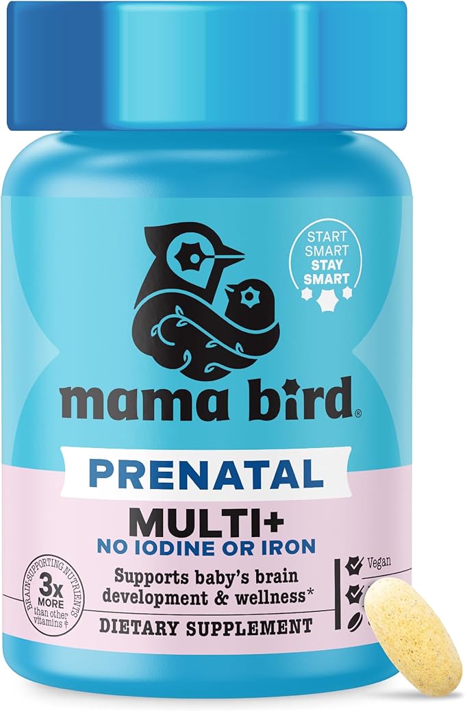 Mama Bird - Prenatal Multi+ No Iodine or Iron (30 Servings) Prenatal Vitamins for Women - 30+ Essential Nutrients, Baby Brain Health - L-Methylfolate & Probiotics - Vegan, Gluten Free, Non GMO