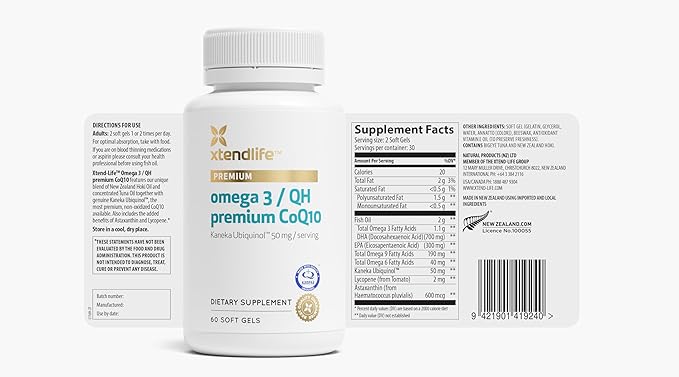 Xtendlife Omega 3 QH Premium CoQ10 Fish Oil - with DHA, EPA, and Ubiquinol - Includes Astaxanthin and Lycopene for Heart, Brain, Joint, and Skin Health - 1 Month Supply (60 Count)