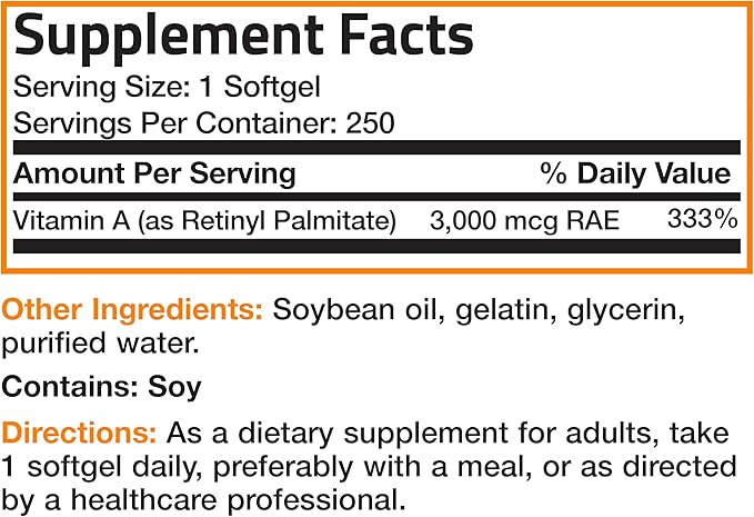 Bronson Vitamin A 10,000 IU Premium Non-GMO Formula Supports Healthy Vision & Immune System and Healthy Growth & Reproduction, 250 Softgels