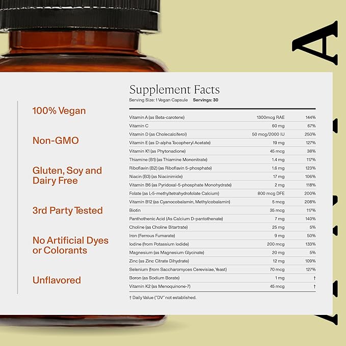 ANYA Postpartum Multivitamin, Postnatal Vitamin for Women Breastfeeding, 30 Capsules - Vitamins A, C, D3, Zinc, B12, Biotin, Folate and Iron - 100% Vegan, Non-GMO, Gluten Free, Baby Shower Gifts